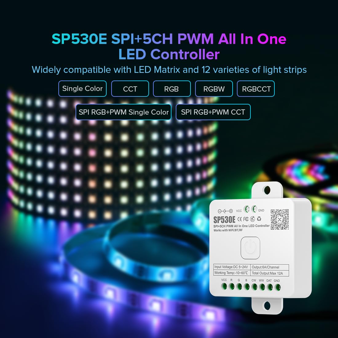 BTF-LIGHTING SP530E WiFi LED Controller for RGB LED Strips, Monochrome, CCT, DC5V/12V/24V, White, Polyvinyl Chlor