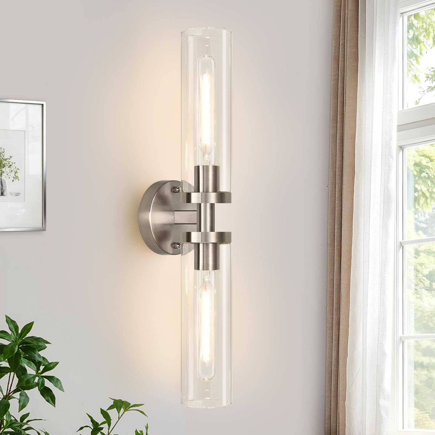 Indoi Brushed Nickel Wall Sconces  Hardwired Bathroom Sconces Vanity Light with Clear Glass  Modern Bathroom Vanity Lights fixtures for Mirror Bedroom Living Room Hallway Kitchen