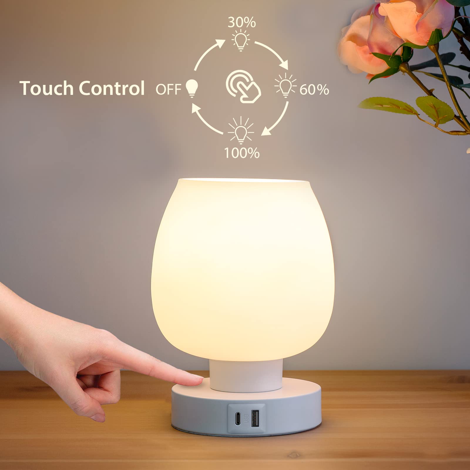 ONEWISH Touch Bedside Table Lamp - Small USB White Glass Lamp with 3-Way Dimming & Charging Ports, Model 13TAB003USC, Warm LED Bulb Included