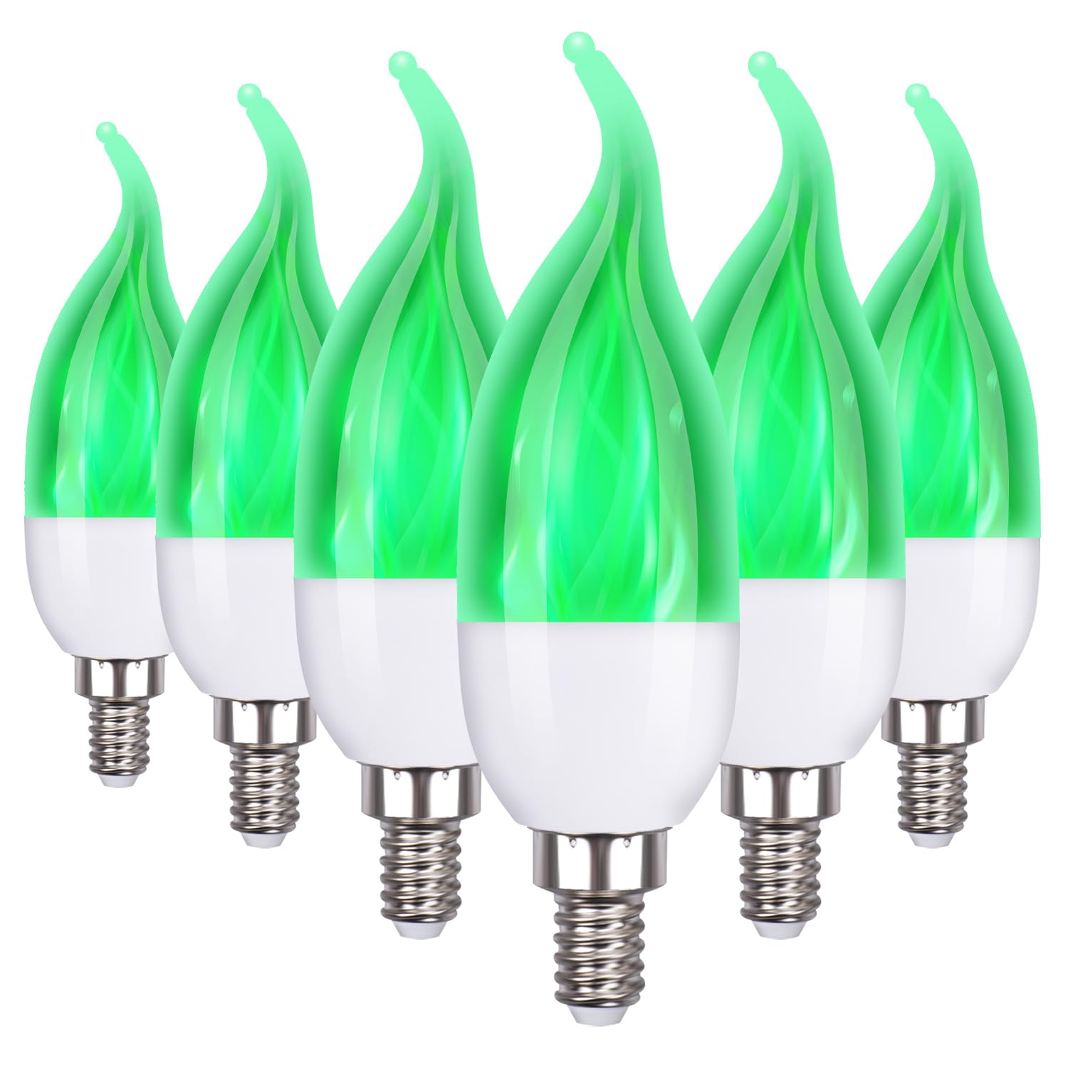 OHLGT E12 Flame Bulbs, 2.0 Watt LED Candelabra, Green, 6 Pack, Flame Tip for Christmas Party Decorations