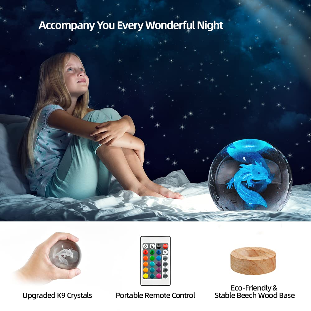 Yylzephb 3D Axolotl Crystal Ball Night Light With 16 Color Led Wooden Base, Upgraded 3.15 Inch Axolotl Glass Ball Lamp With Remo