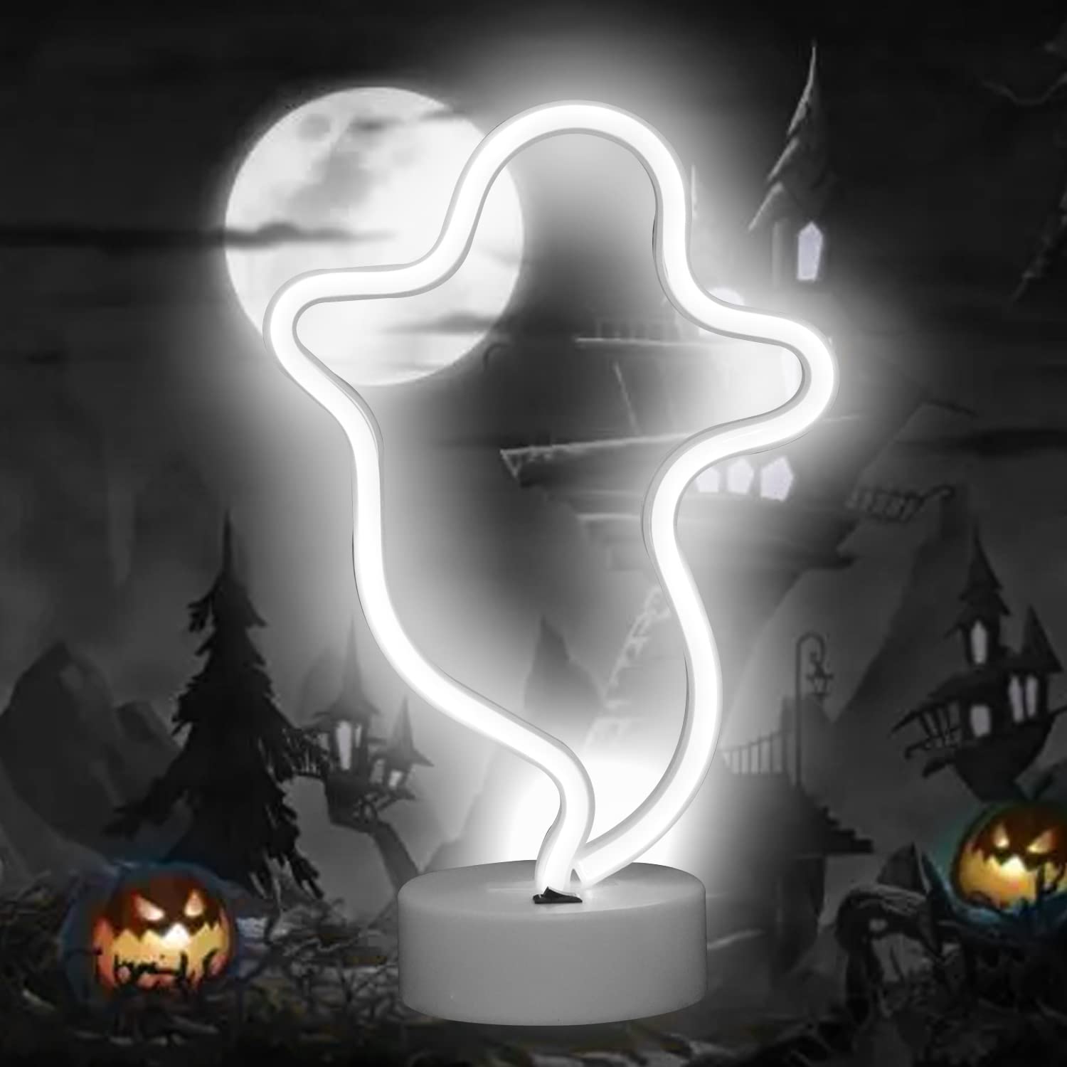 Vicila Ghost Neon Light Sign, LED Halloween Decoration, White, Plastic, with Holder Base