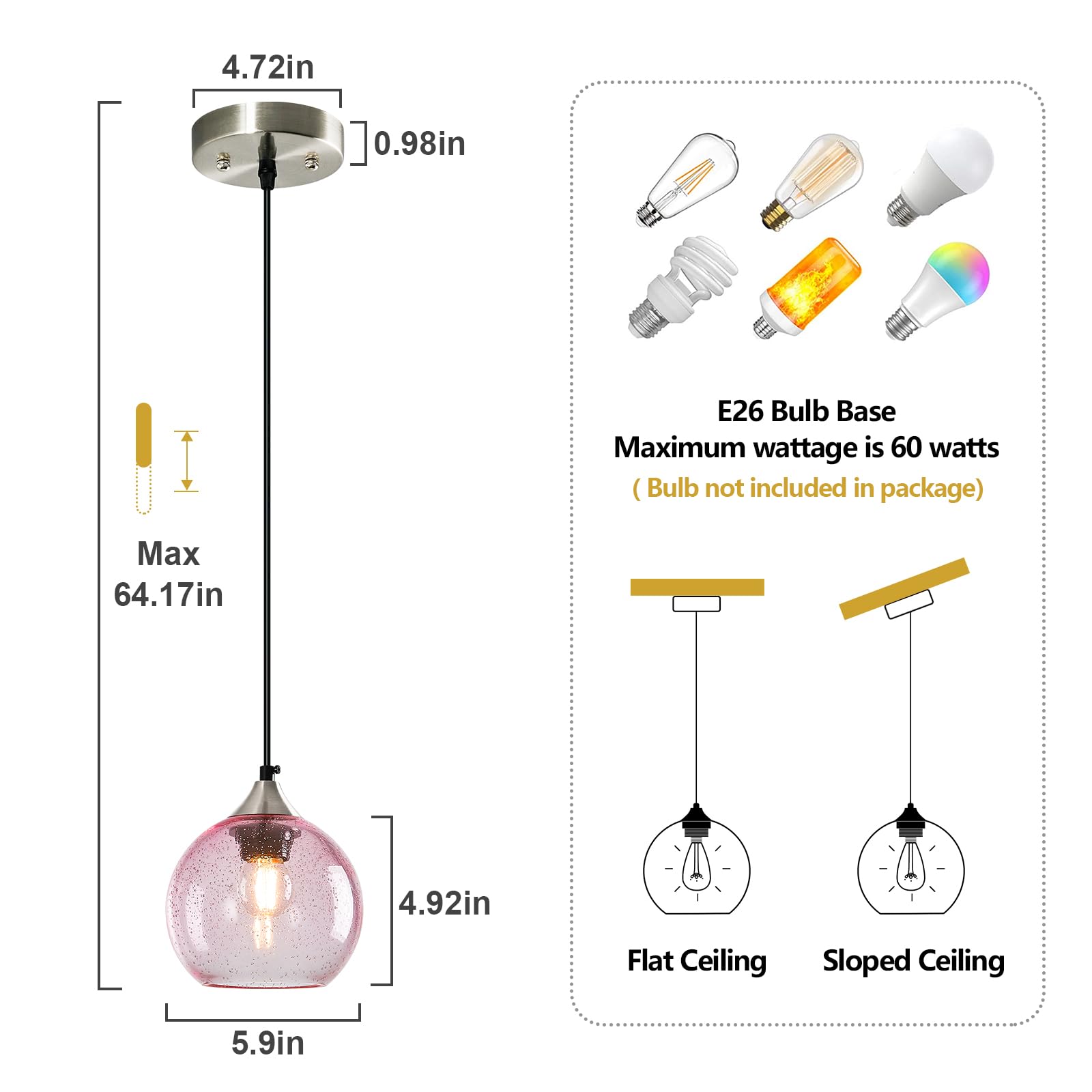 Lbsqj Pink Glass Pendant Lights Kitchen Island Globe Pendant Light Fixtures Modern Pendant Lighting For Bedroom Living Dining Room Light Fixture (5.9 In  3 Pack)