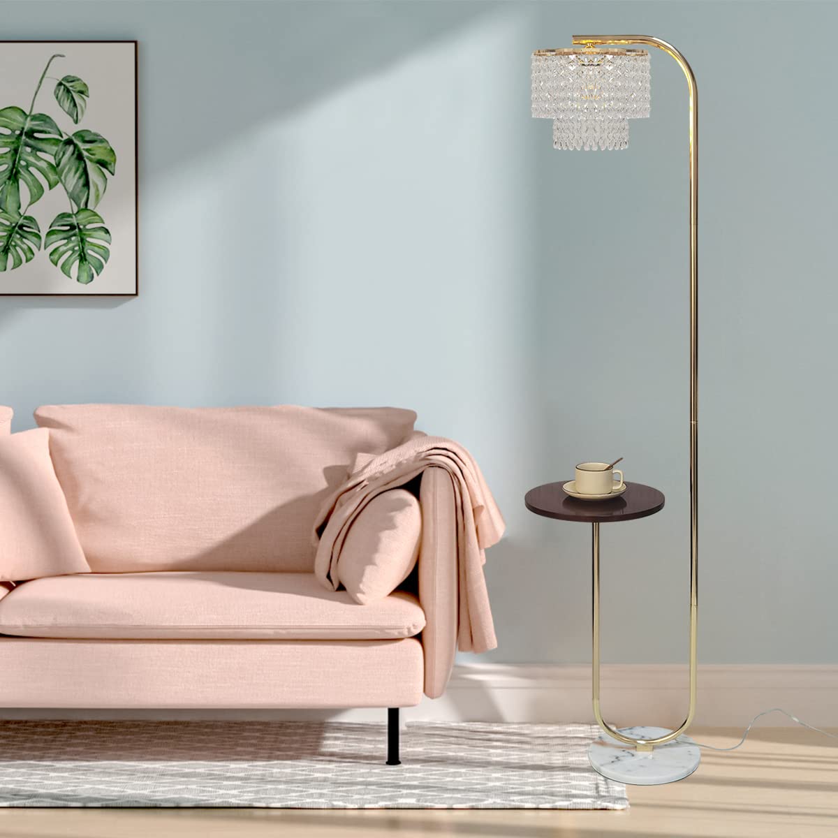 Hsyile Arc Crystal Floor Lamp For Living Room - Marble Base Modern Tall Stand Up Light With Table,Contemporary Over The Couch Go