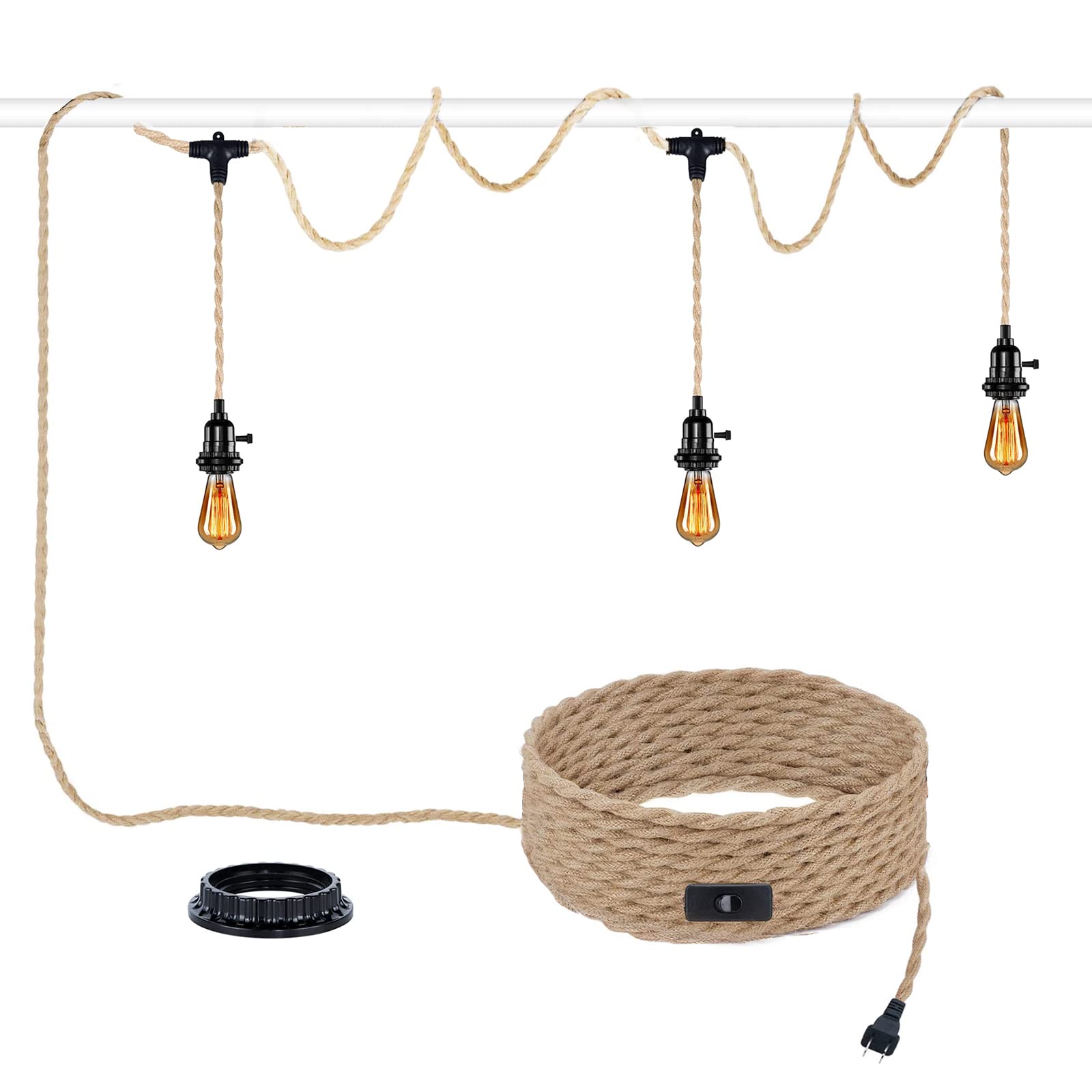 Yeleeino Vintage Triple Pendant Light Cord Kit With Independent Switch, Hemp Rope Pendant Light Plug In, E26 Farmhouse Hanging Lighting Cord Fixture, For Diy Lampshade Cable Loft