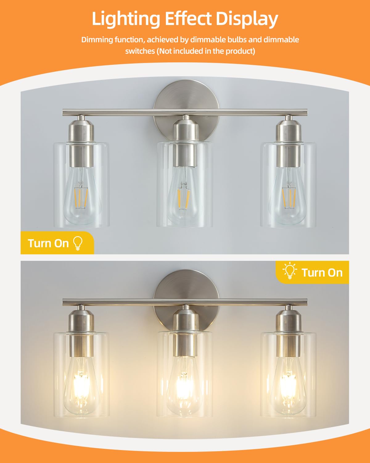 Seable 3-Light Brushed Nickel Bathroom Vanity Light Fixture With Clear Glass Shade