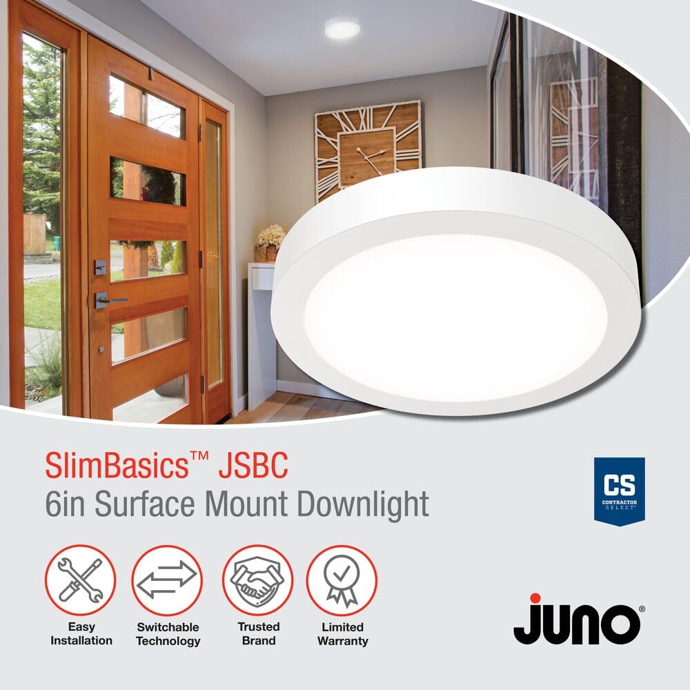 Juno Slim Basics 6 Inch Led Ceiling Light, Low Profile Surface Mount Downlight For Shower Or Closet Lighting, 3000K/4000K/5000K