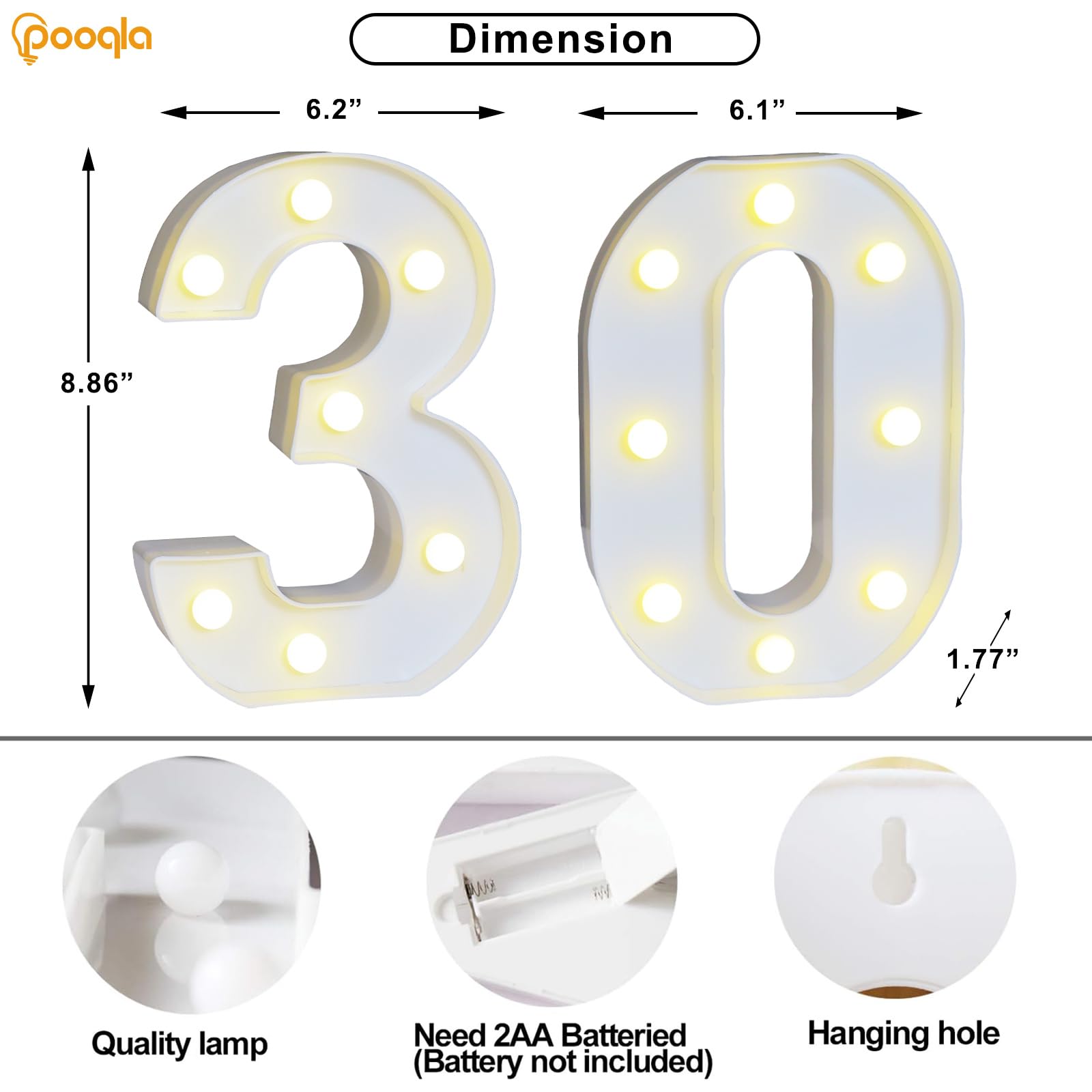 Pooqla LED Marquee Numbers 30 Sign, Plastic Decorative Light Up for 30th Birthday Party, Cool White and Warm White