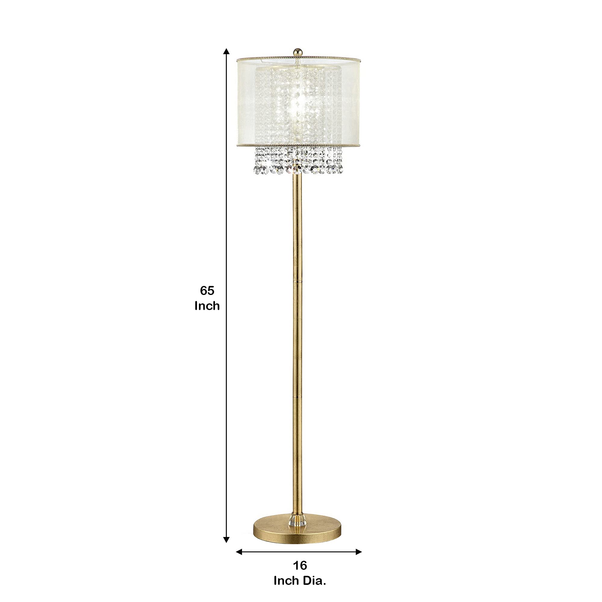 Benzara Floor Lamp with Hanging Crystal Accents, Metal, Gold and White, Model BM240410
