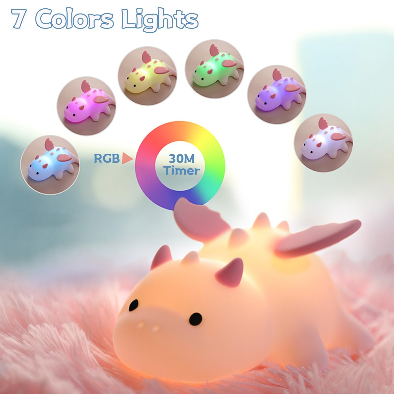 AVEKI Milk Dragon Night Light for Kids, Dimmable Silicone Lamp, Rechargeable, Green, Model XR-MM-L2508