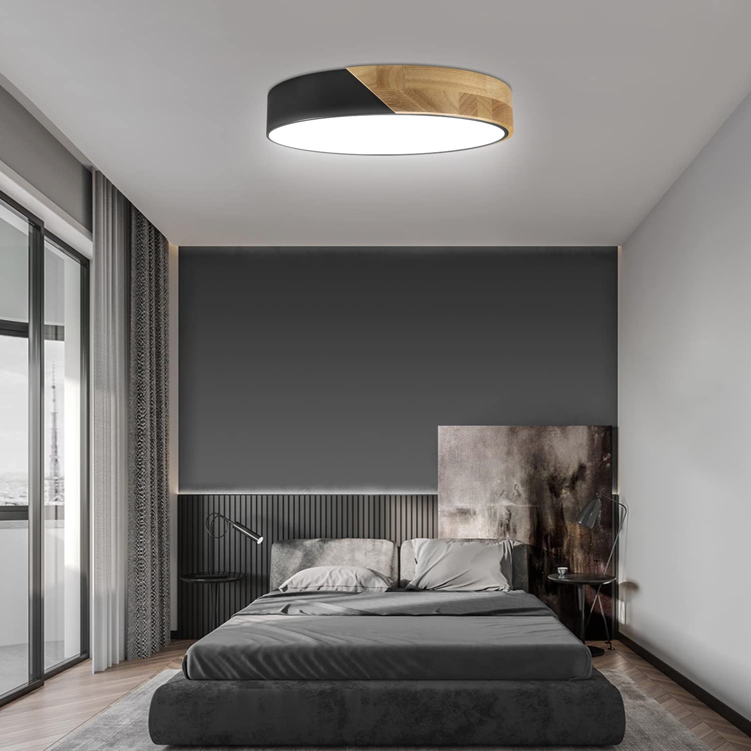 Led Ceiling Light Flush Mount: 12 Inch 24W Bedroom Light Fixture With Round Wood Modern Black Flat Overhead Minimalist Ceiling L