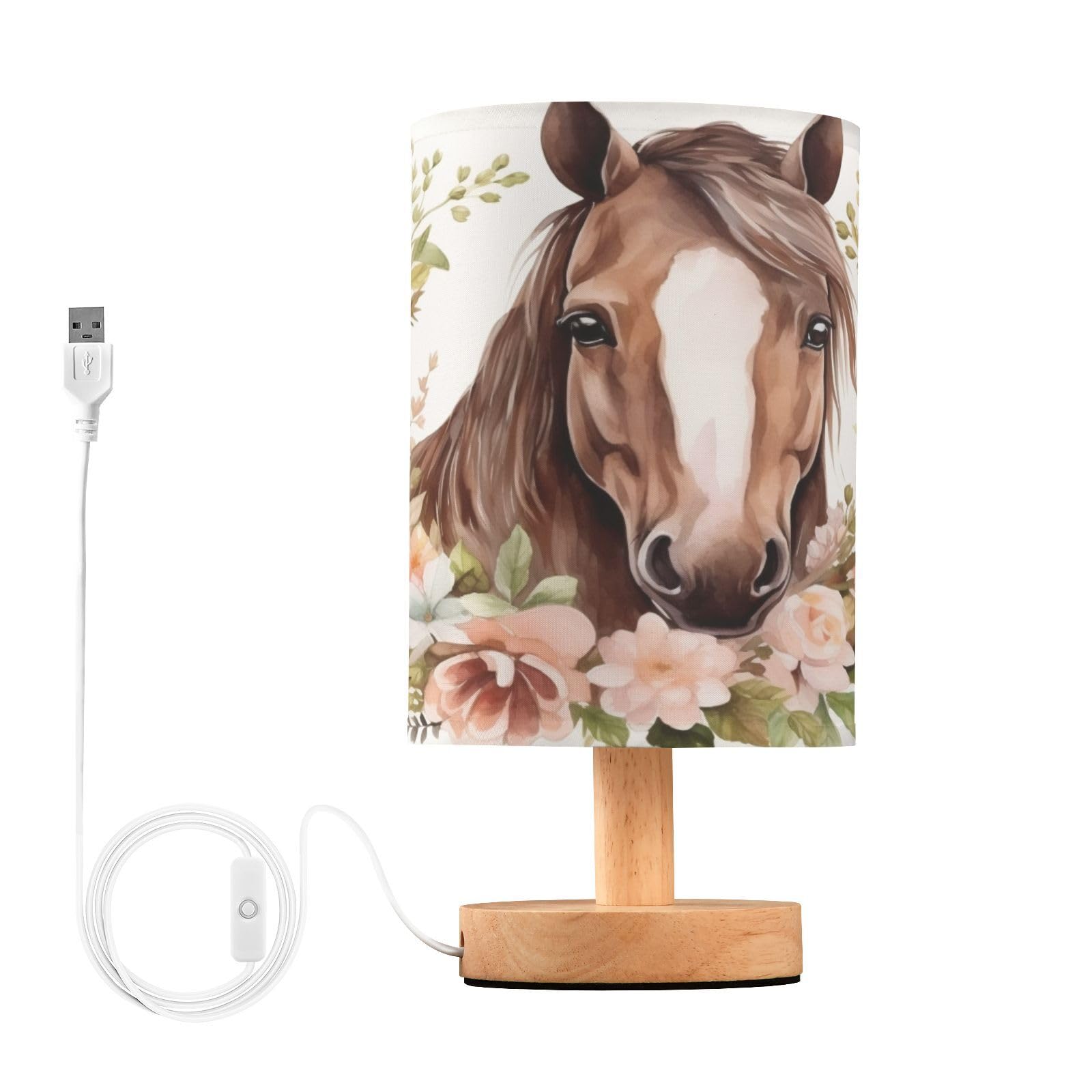 ALAZA Horse Flower Watercolor Lamp for Girls Boys Bedroom Bedside Table Lamp with USB Port LED Kids Nightstand Lamp Wood Base De