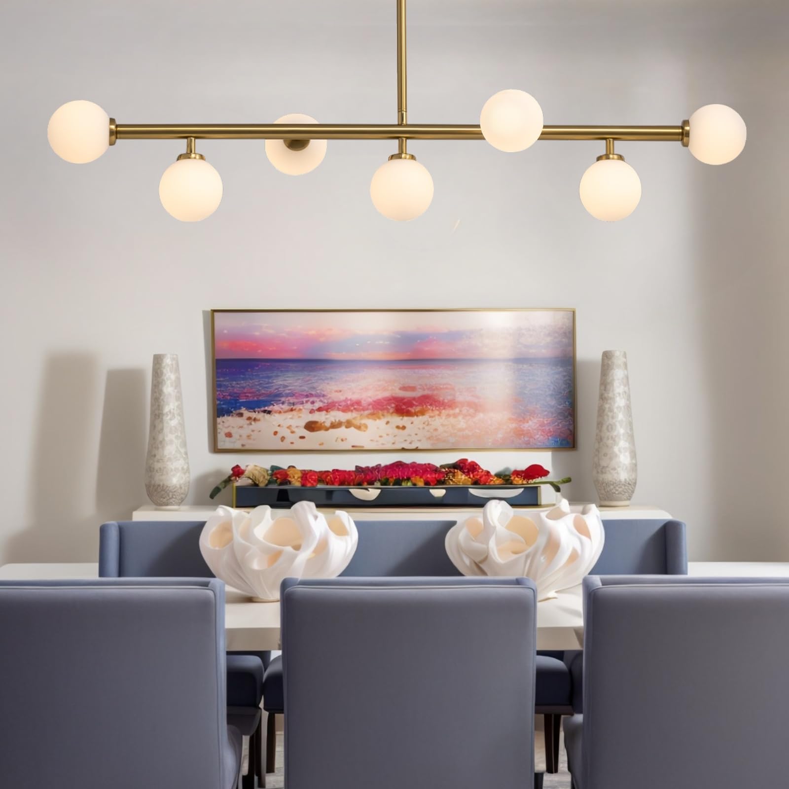 7PMBEANE Mid Century Chandelier  Gold Brass Sputnik Pendant Light with White Glass Lampshade 7 Lights Globe Rectangle Linear Chandeliers for Dining Room Kitchen L43.3INxW11.8IN