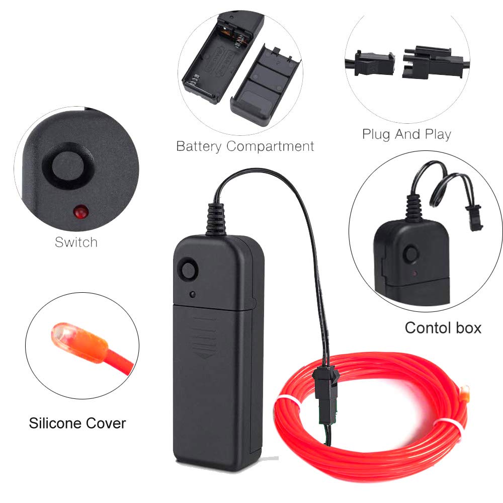 MaxLax EL Wire Neon Lights Strip 9.8ft Red Portable Battery Pack 360° Cuttable for Parties, Halloween, DIY Decoration