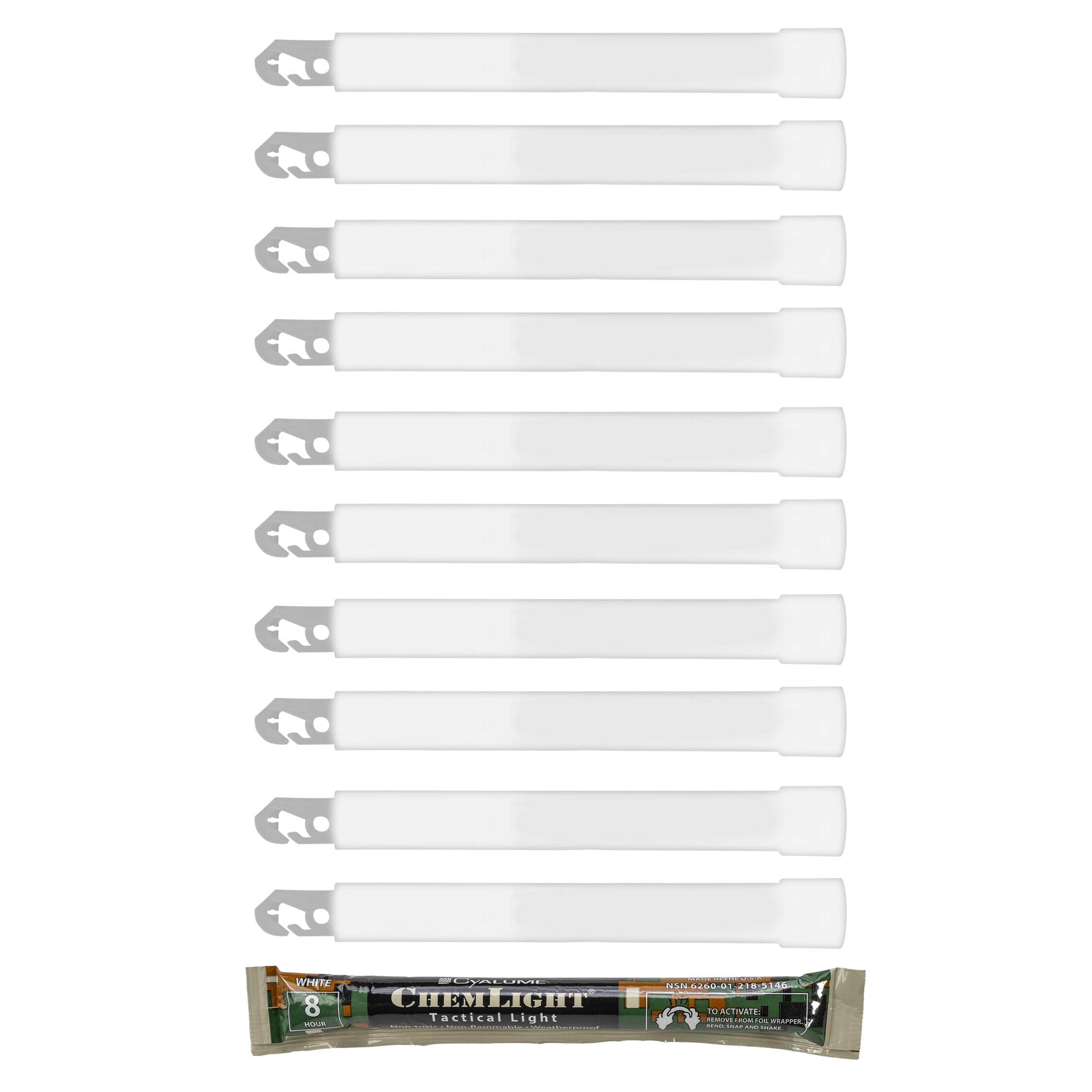 Cyalume 6” Military Grade White Glow Sticks - 10 Pack Emergency Chem Lights, Premium Bright, 8 Hour Duration