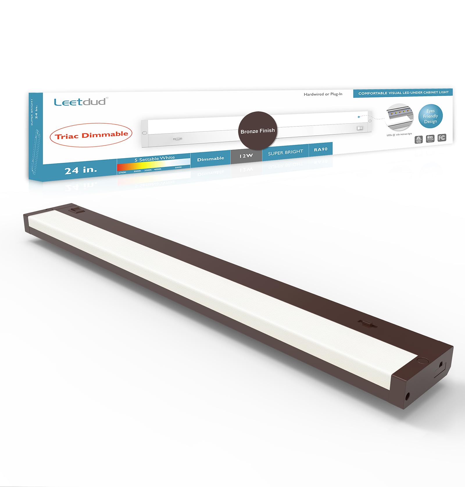 Leetdud LED Under Cabinet Lighting, Dimmable 5 Color, 24 Inch, 12W, Bronze, Model AirKitPro-2412WU-TPTC-D-BR