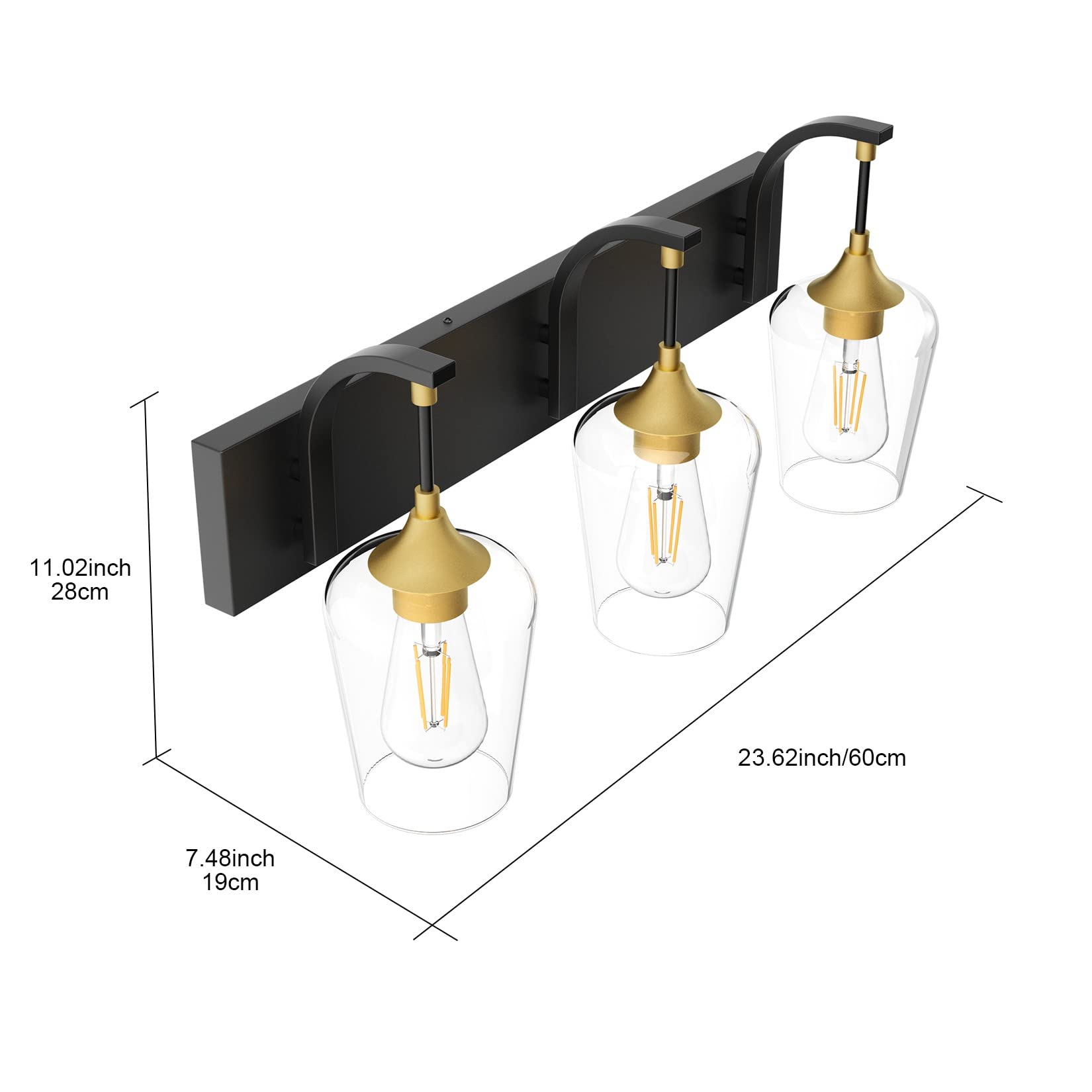 Ralbay Black/Gold Vanity Light Fixtures 3-Lights Industrial Black/Gold Bathroom Vanity Light With Clear Glass Vintage Edison Bathroom Wall Lighting Fixtures