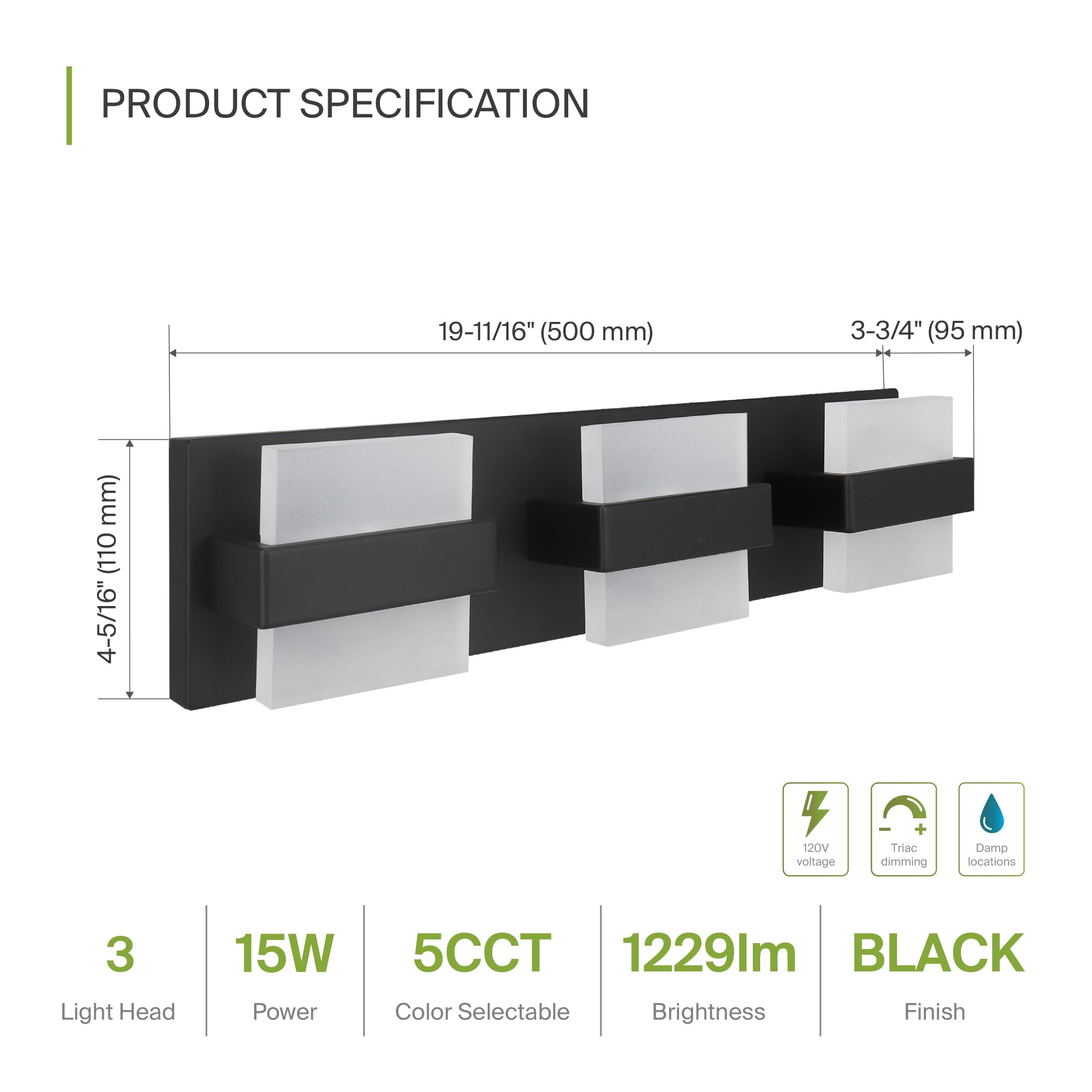 ASD LED Bathroom Vanity Light 3-Lights Dimmable 15W 1230LM 2700-6000K Black 4-Pack Model A-LVF26M-3D15