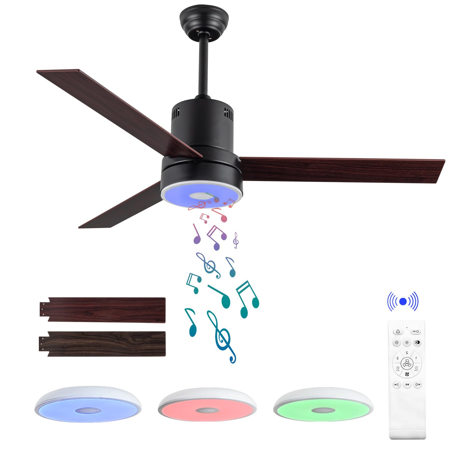 ASALL 52 Inch Ceiling Fan with RGB Dimming LED Light,with Music Bluetooth Speaker,with Remote Control,3-Speed Regulation, Reversible Motor,Timing,for Living Room,Bedroom,Restaurant,Outdoor…