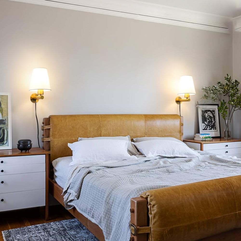 Gold Plug In Wall Sconces Set Of Two, Brass Wall Sconce Lights For Bedroom Plug In, Wall Lamp With On/Off Switch Cord, Bedside P