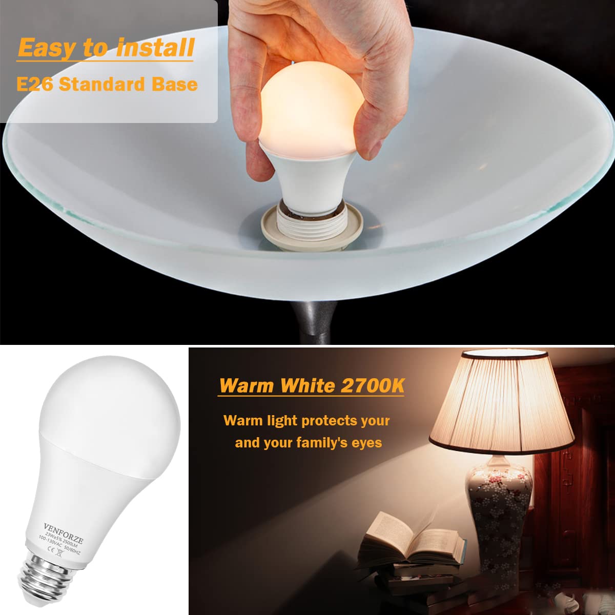 Venforze Bright Light Bulb,150W-200W Equivalent 2500Lm E26 Led Bulb 23W Warm White 2700K A21 Led Light Bulb Non-Dimmable 4-Pack