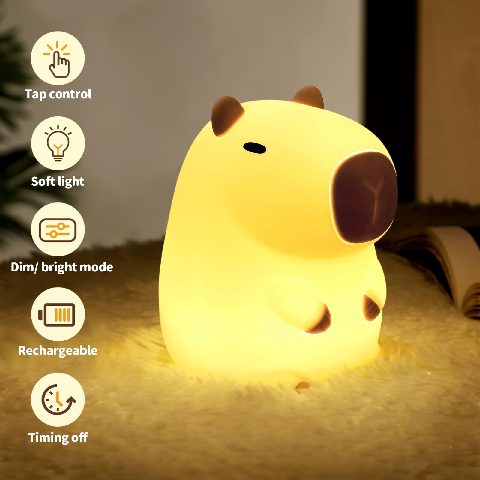 GEAMSAM Capybara Night Light, Cute Silicone Dimmable Nursery Nightlight, Rechargeable Bedside Touch Lamp for Breastfeeding Chris