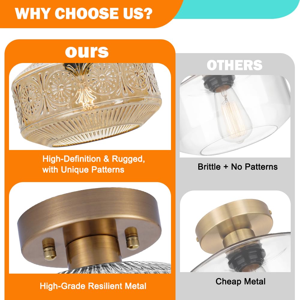 Semi Flush Mount Ceiling Light, Vintage Small Ceiling Light Fixture, Thickened Glass Hallway Lighting Fixture, Brass Kitchen Cei