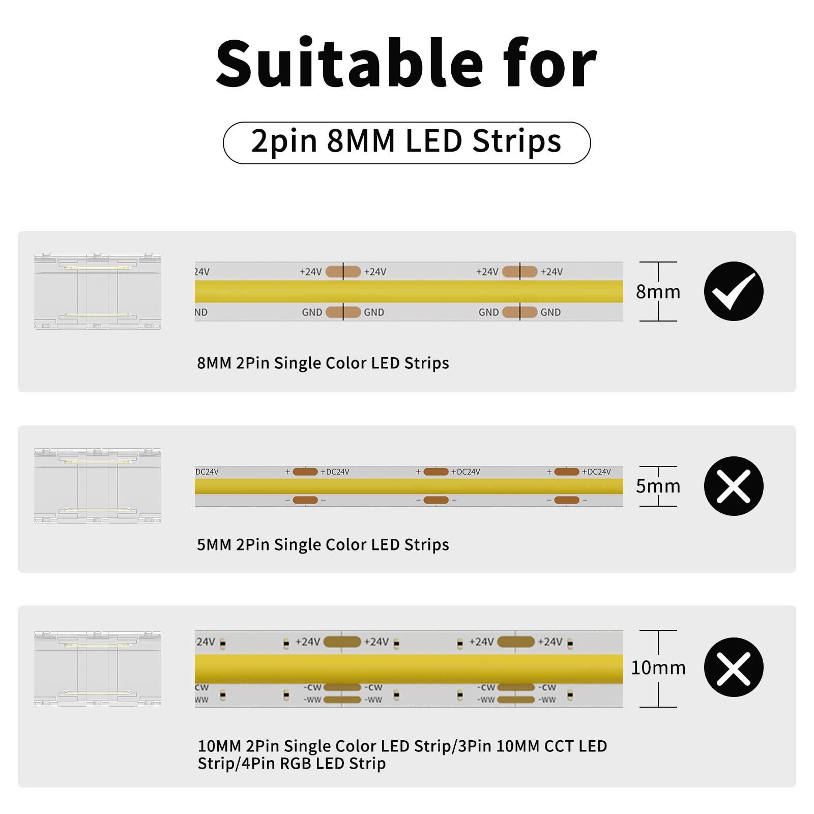 Pautix 6Pcs T & 2Pcs Cross Connectors,Extension Splitters,For 8Mm 2-Pin Cob Led Strip Light 12V/24V(Not Applicable For Other Siz