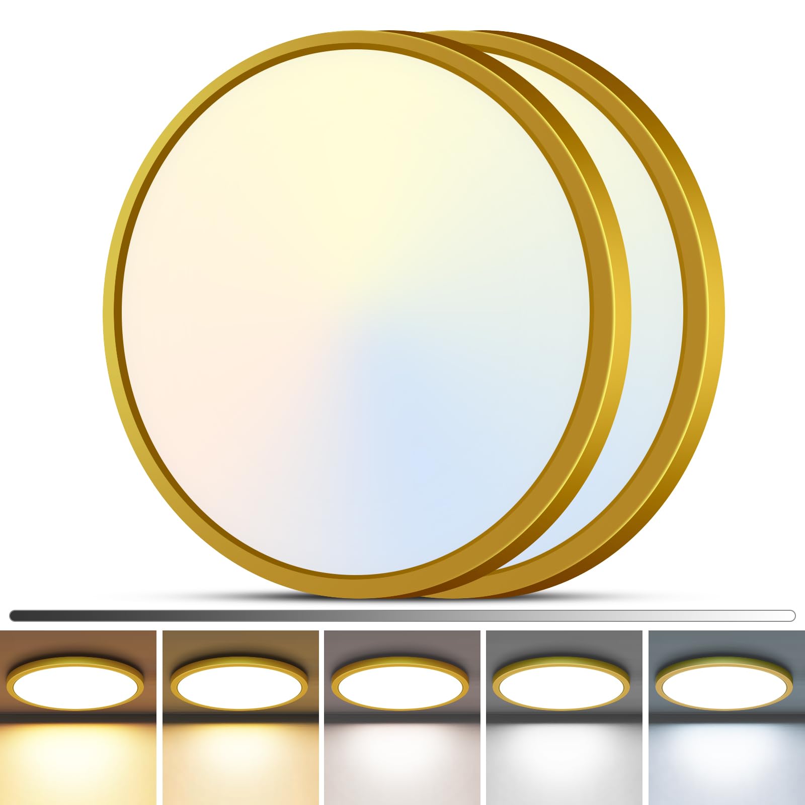 zemty 2Pack LED Flush Mount Ceiling Light  12Inch 24W Dimmable Ceiling Lights Fixture  5 Color Temperatures (3000K-6500K) Gold Round Ceiling Lamp for Bedroom  Kitchen  Hallway Bathroom