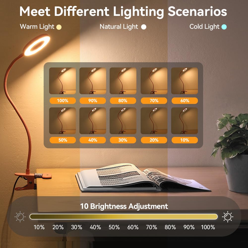 Skymore Desk Clip On Light, [3 Color Modes & 10 Brightness] Led Reading Light With Clamp, Flexible Gooseneck Book Light For Kids