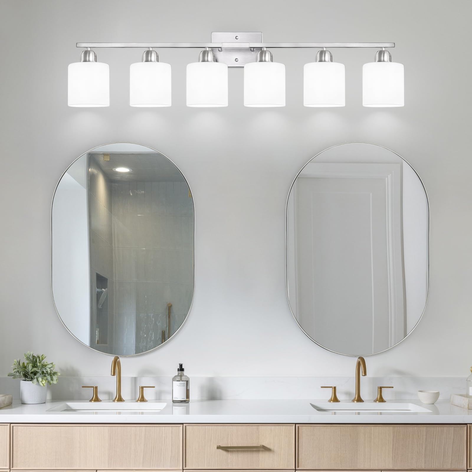 FAISHILAN Brushed Nickel Vanity Light 6-Light Bathroom Fixture with Frosted Glass Shades, 38 Inch, E26 Socket, Model FSL-212--NBN-6