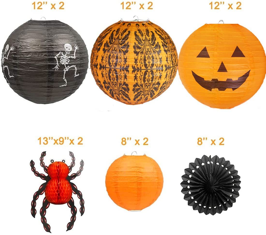 Uniqooo 12Pcs Halloween Hanging Decorations Paper Lanterns, Jack-O'-Lantern Spider Skeleton Pumpkin For Indoor & Outdoor Spooky Home Decor, Party Supplies Props, 12&quot; & 8&quot; (Orange, Black)