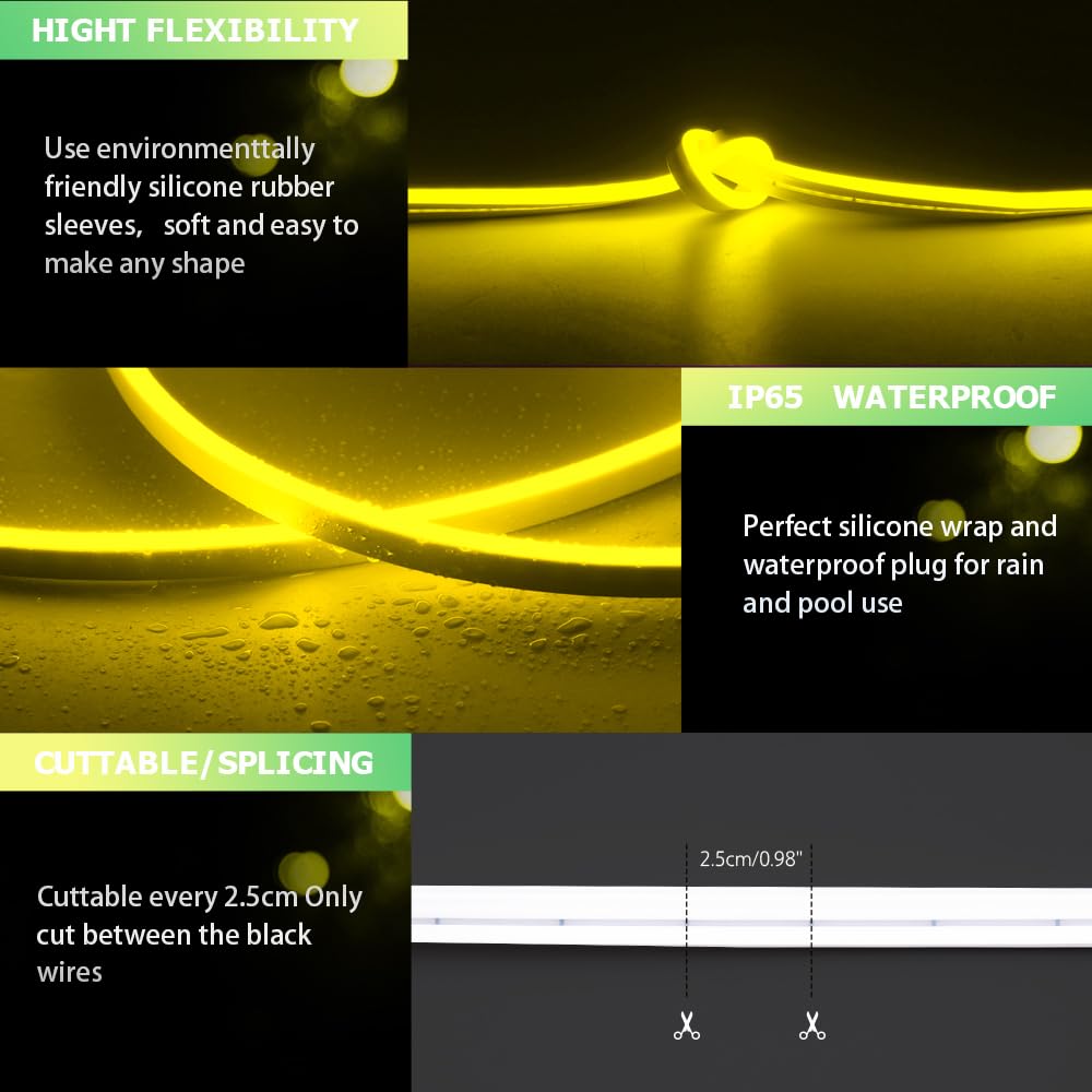 Owofydr Neon Light Strip 16.4Ft/5M- Bright  Non-Glaring & Waterproof Neon Rope Lights For Indoor & Outdoor Decor ?No Power Adapter? Yellow Neon Led Strip Lights