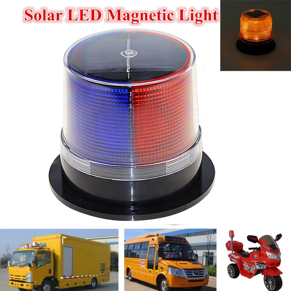 RISOON Solar Strobe Warning Light - Waterproof Ceiling Light with Strong Magnetic Base, New Red+Blue, Model AL for Construction & Traffic