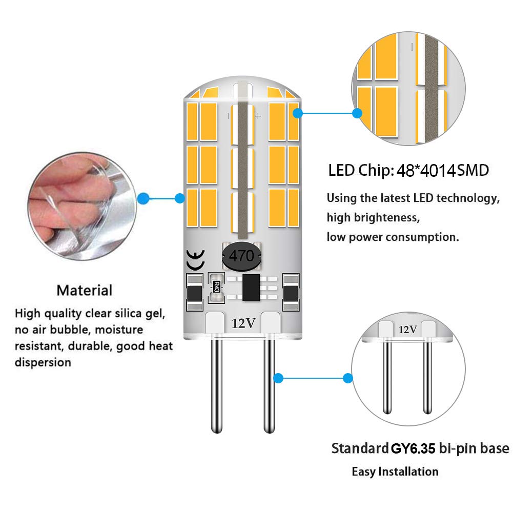 Lacnooe GY6.35 Bi-pin Base LED Bulb 4W 12V Warm White 2700K-3000K, 5-Pack, Silica Gel Crystal