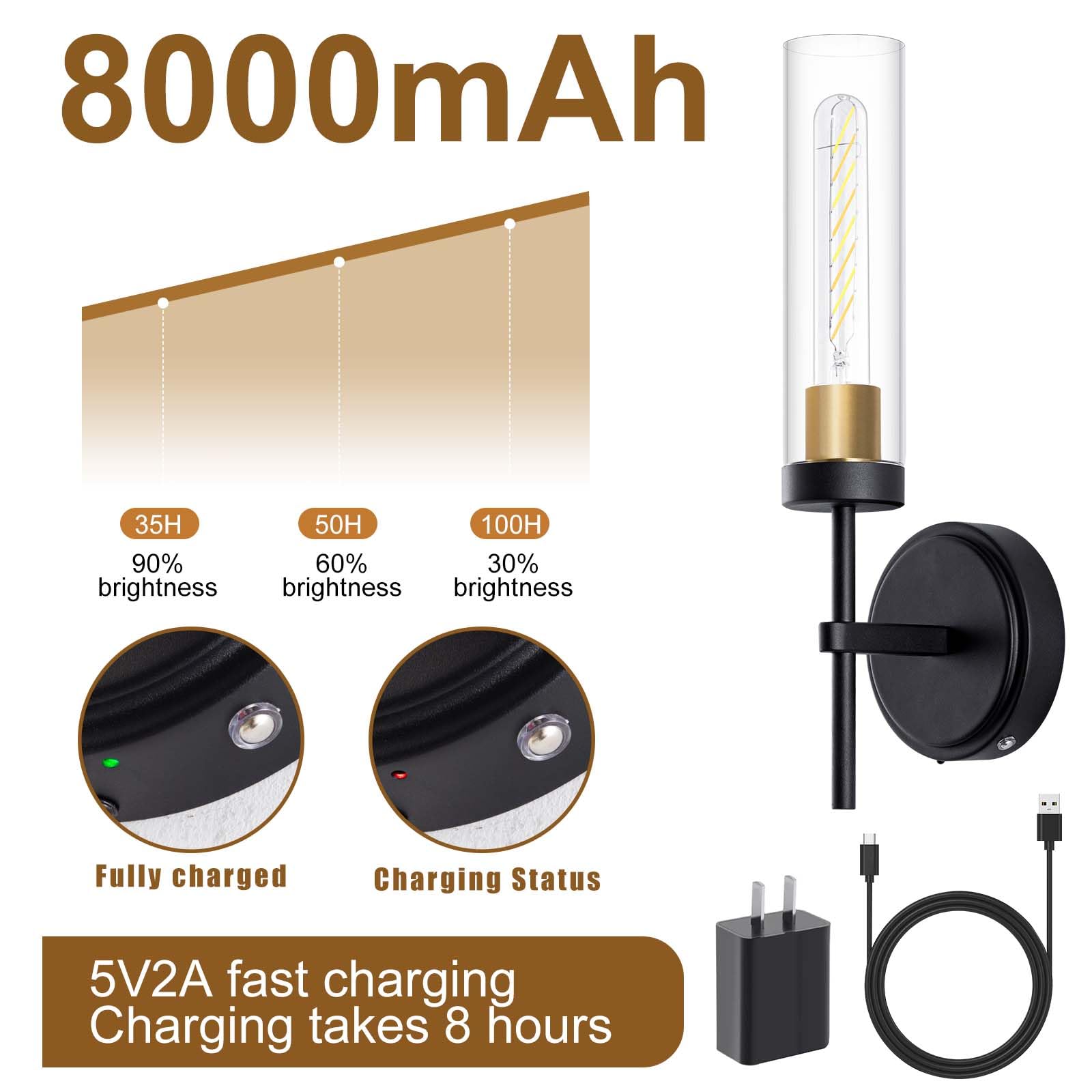 Loiogohot Wall Sconce, Battery Operated, 8000mAh, 100 Hours, Dual Color Temperature, Black&Gold, Model WL-BN1124-BKGD