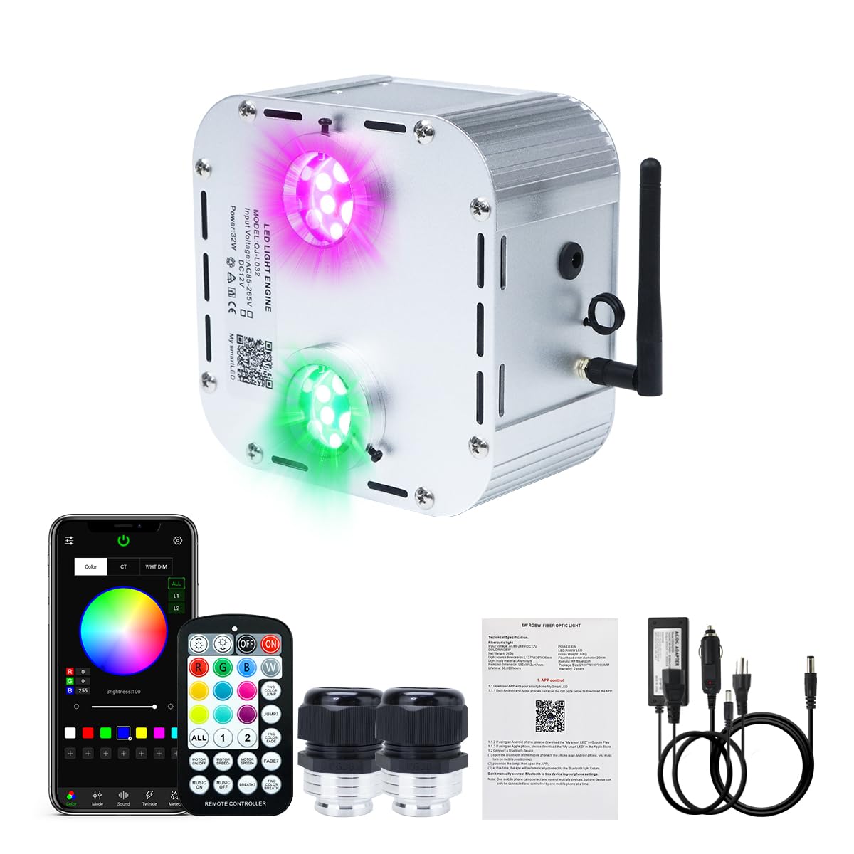 AKEPO Fiber Optic Light Engine, 32W Dual-Head, Twinkle + APP Control + Music Activated, RGB, Model QJ-L032