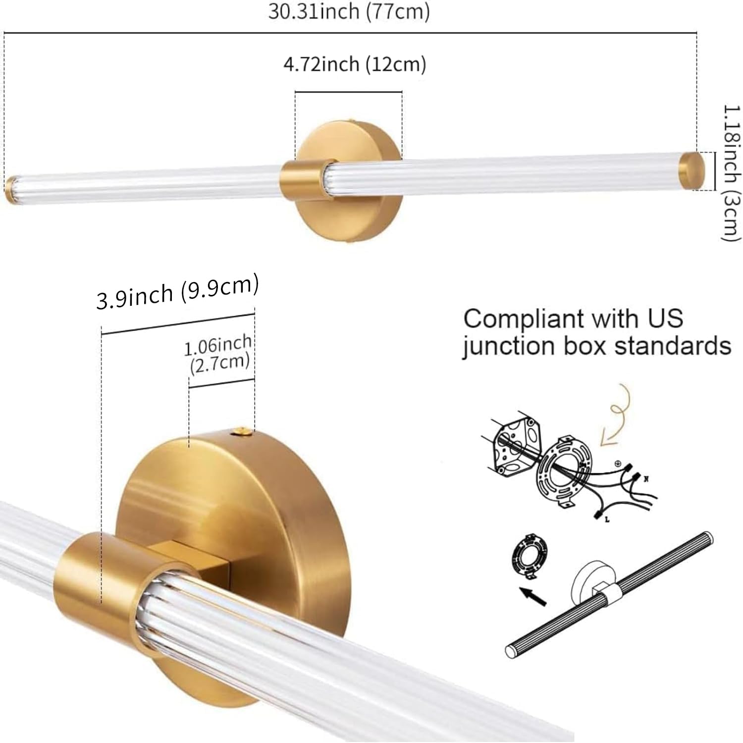 Gednbo 30" Dimmable LED Bathroom Vanity Light Fixture - Modern Gold Wall Sconce, 360° Full Lighting for Mirror, Metal Construction