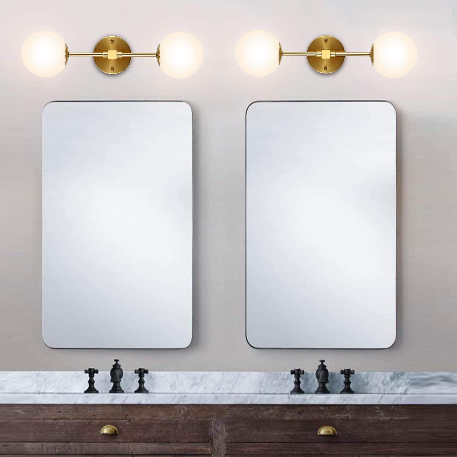 BAODEN Modern Wall Sconce 2-Lights Industrial Mid Century Bathroom Vanity Wall Light with White Globe Glass Lampshade Brushed Br