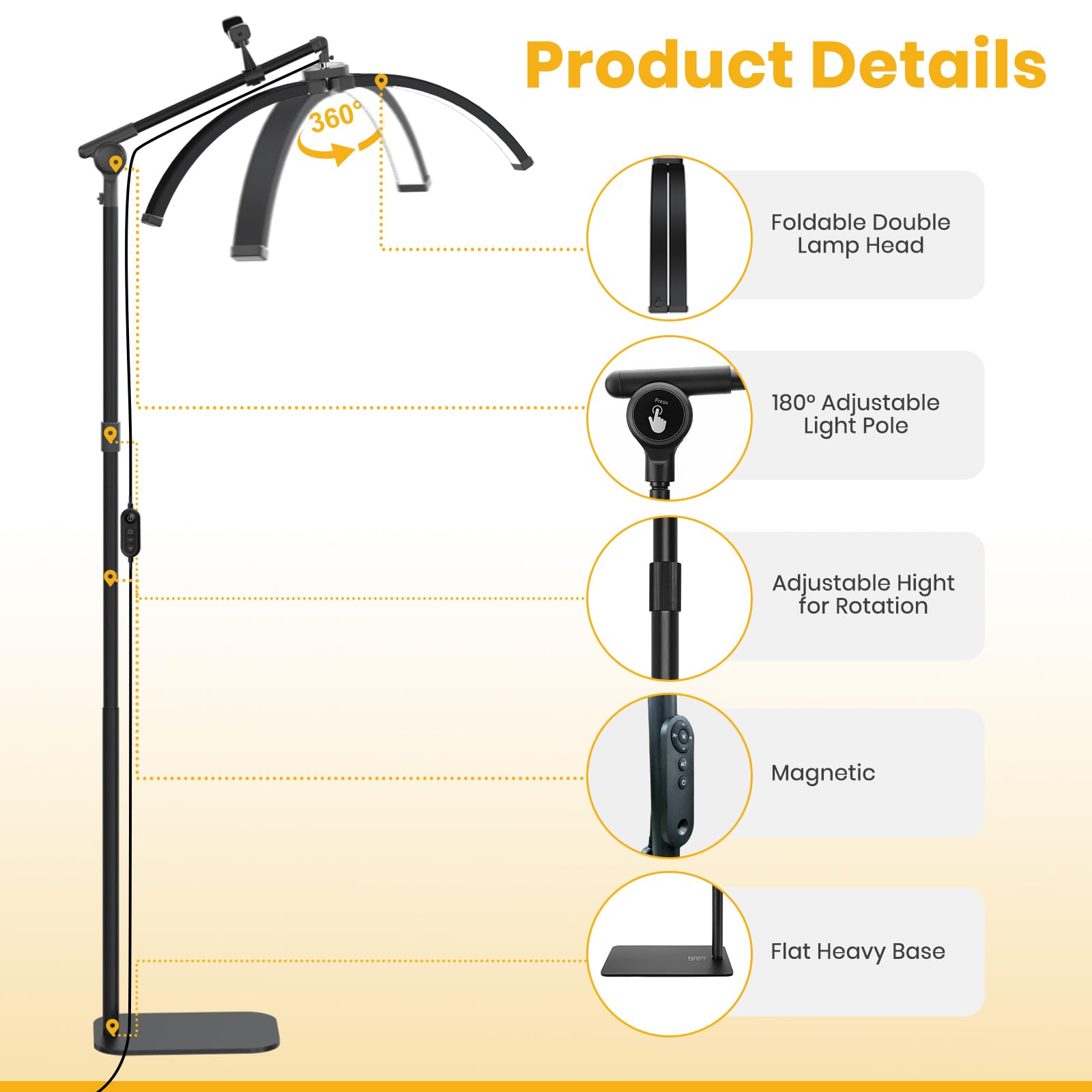 LASTAR LED Lash Light - Adjustable Brightness, Warm-to-Cool Lighting, Half Moon Design, Black, Model SL011
