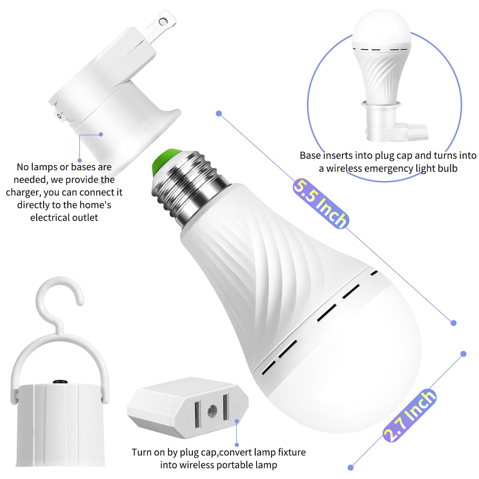 LHZHENG Emergency Rechargeable Light Bulbs, 12W 60W Equivalent, Plastic, White, Model LHZSHLQ-4P, 6 Pack