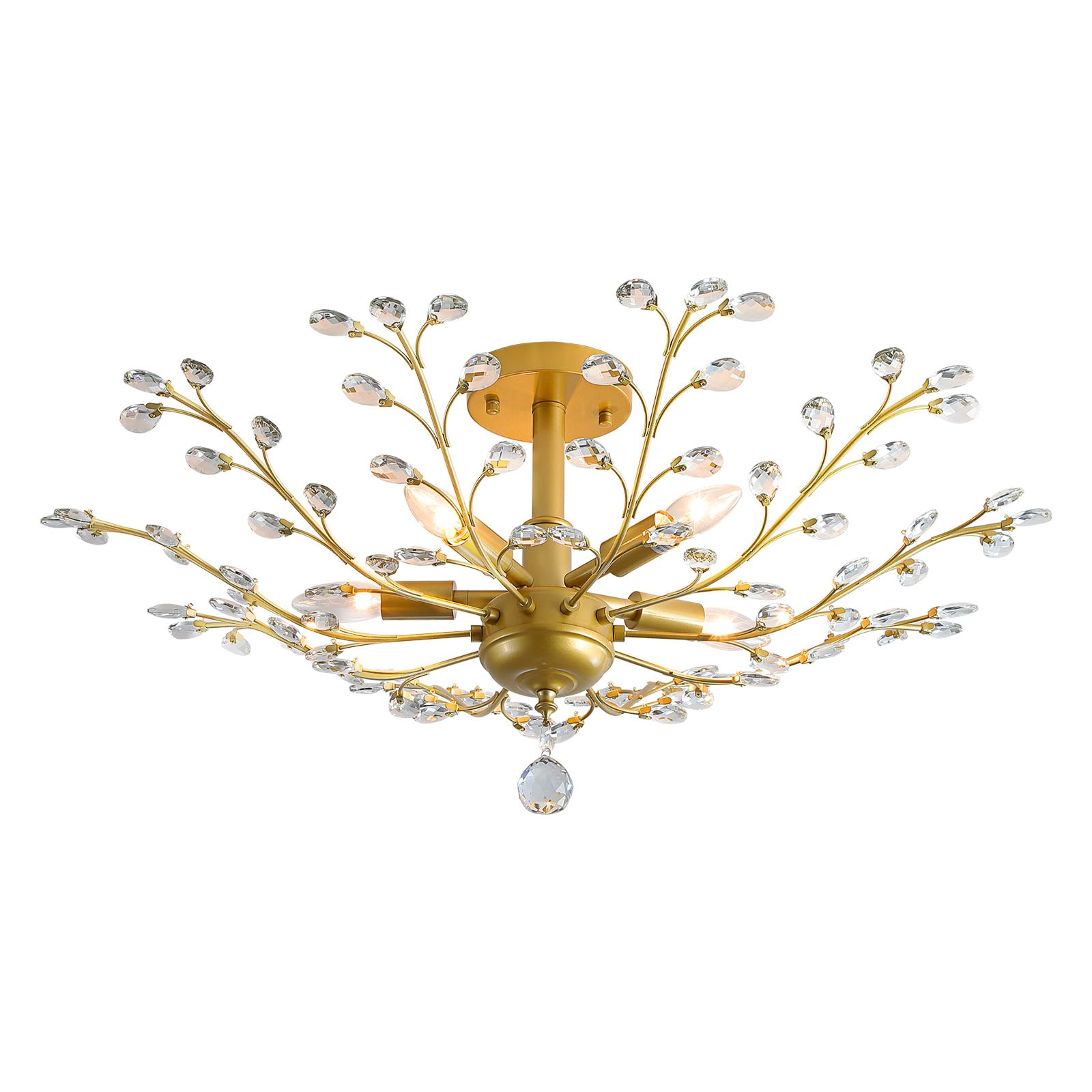 3WWWUEE Modern 5 Light Small Crystal Chandelier 30 Inch Gold Semi Flush Mount Ceiling Light Fixture for Kitchen Dining Room Bedr