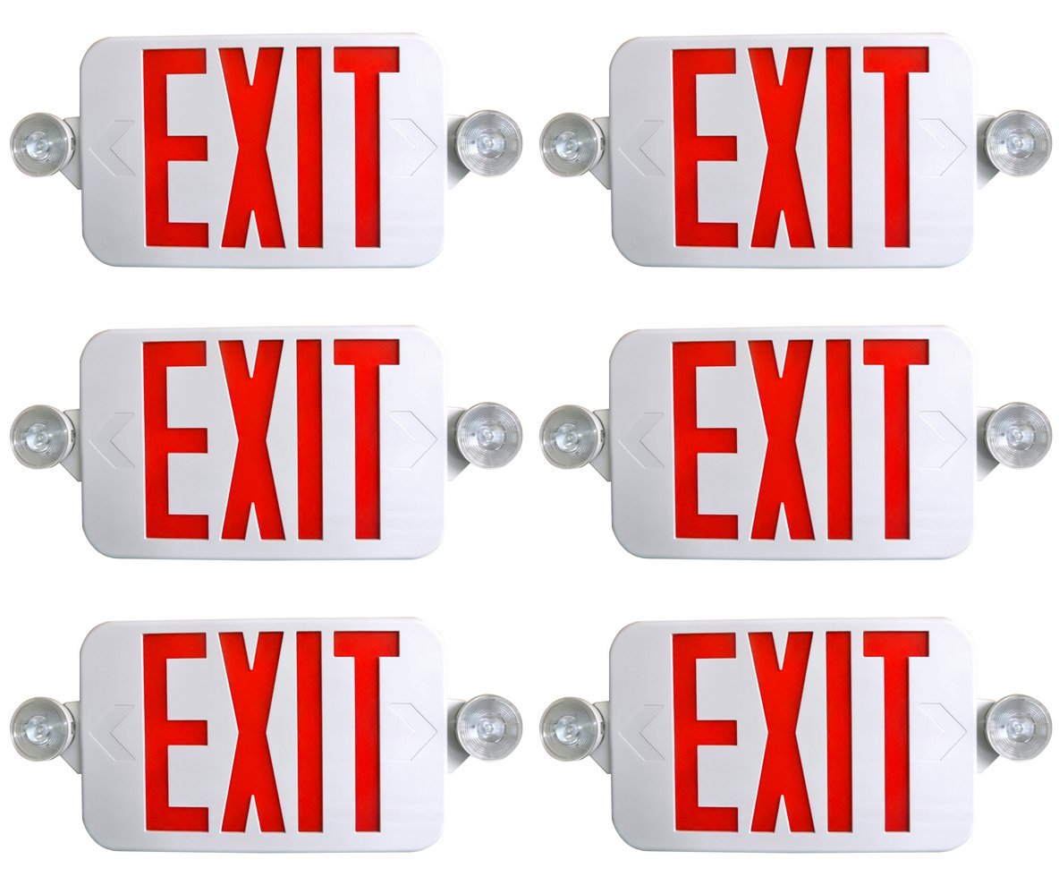 Supreme LED 6 Pack All LED Decorative Red White Exit Sign & Emergency Light Combo with Battery Backup (6 Pack), White/Red