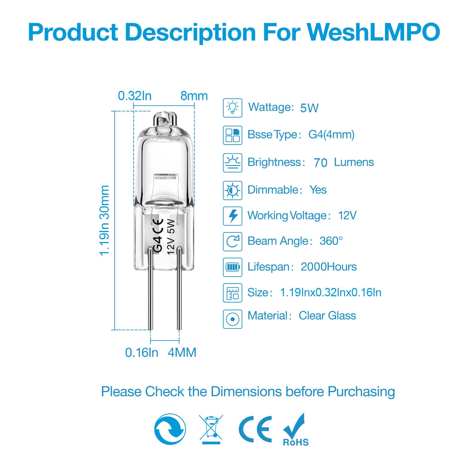 Weshlmpo G4 Bulb 5W Halogen Light Bulb 2 Pin 12V G4 Light Bulbs Replacement For Under Cabinet Puck Light, Chandeliers, Landscape Lighting Desk Lamp 2700K Warm White