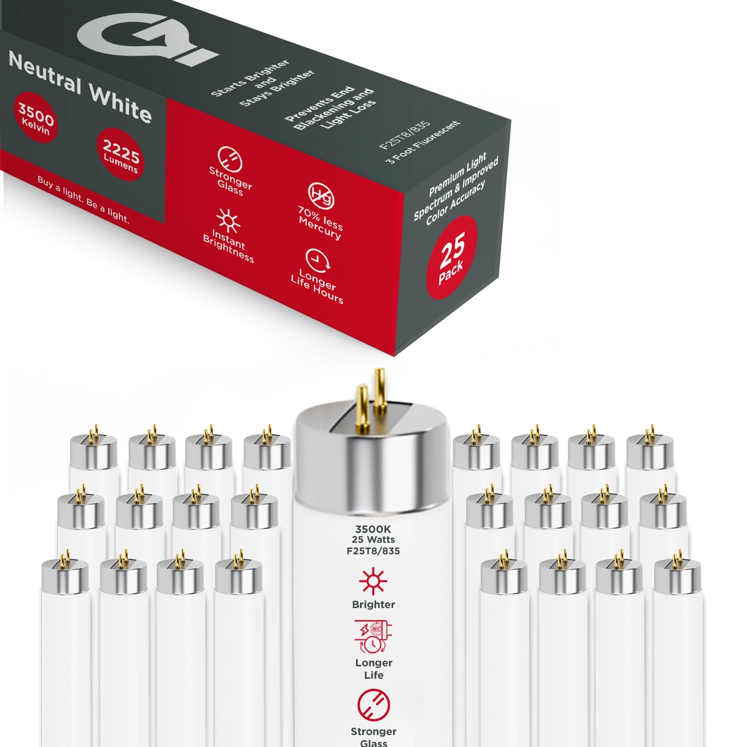 Goodbulb 25W T8 Fluorescent Light Bulb - 3500K Soft White, 2225 Lumens, 25 Count Pack