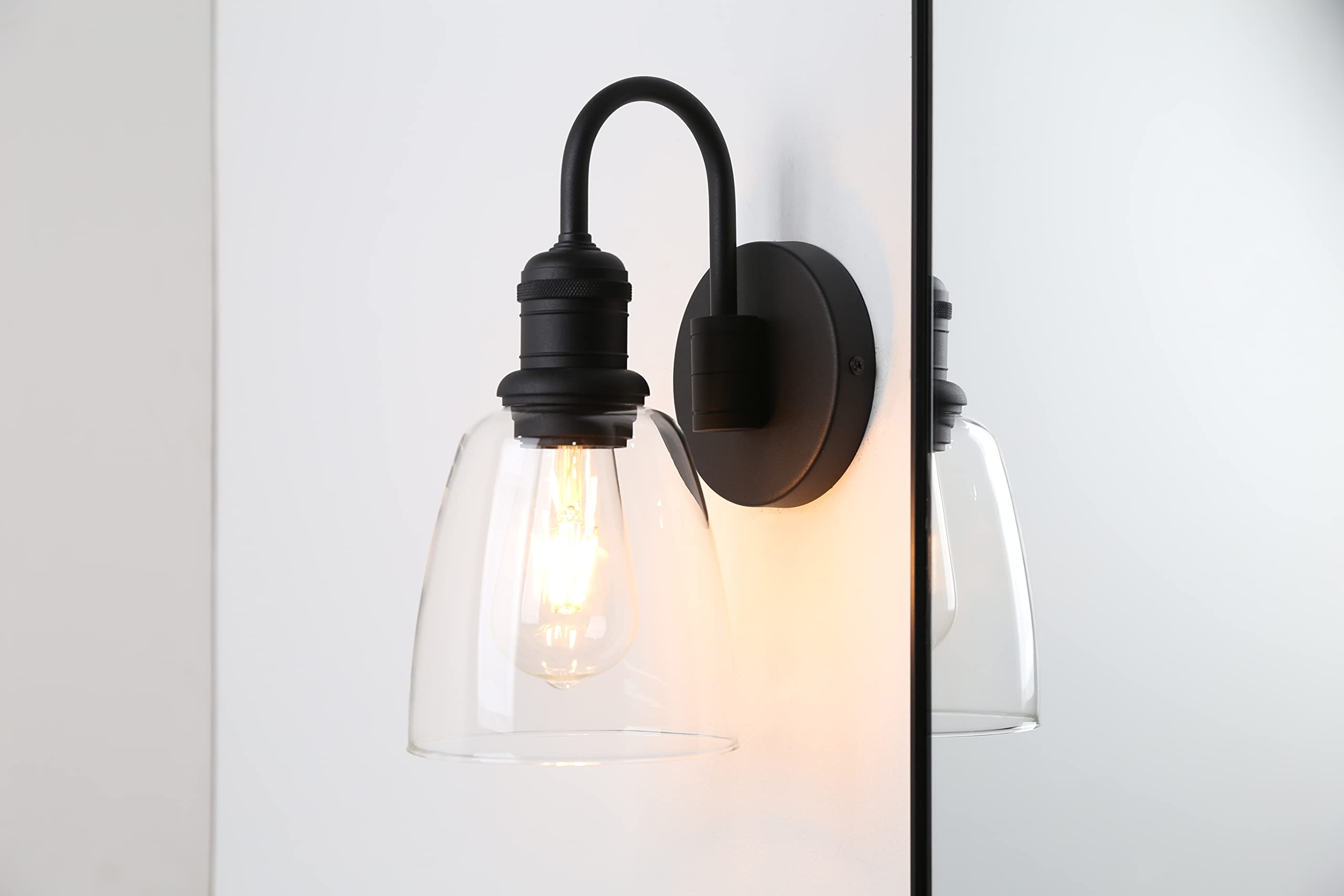 Yosoan 1-Light Vintage Wall Sconce, Black Metal Fixture with Glass Shade, Large Gooseneck Design for Bathroom, Kitchen, Living Room