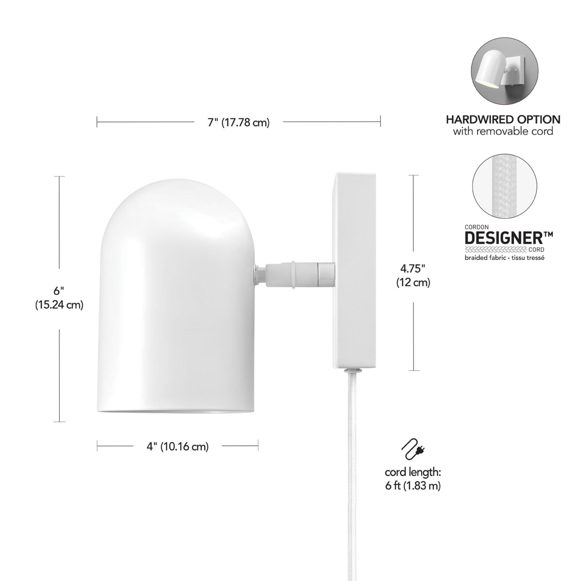 GLOBE Electric 1-Light Wall Sconce, Matte White, Metal, 65000146, Plug-in/Hardwire, 6ft Cord, In-Line Rocker Switch