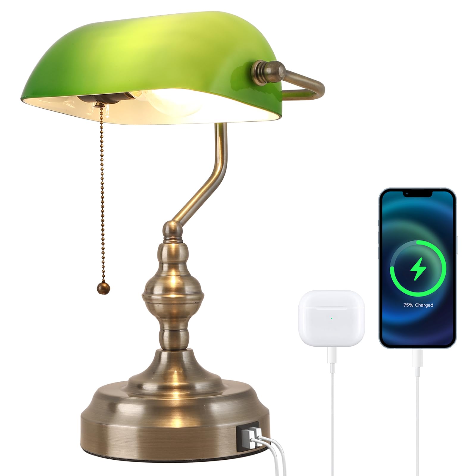 Liylan Green Glass Bankers Desk Lamp, Antique Banker Desk Lamps, Traditional Library Lamp with USB Charging Port, Vintage Desk 