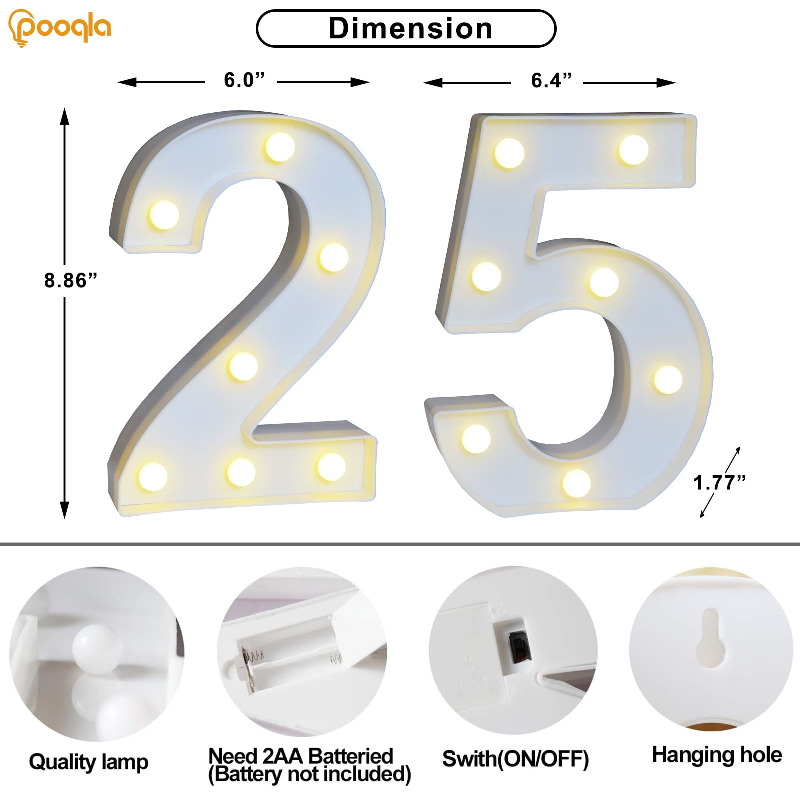 Pooqla Decorative Led Light Up Number Letters, White Plastic Marquee Number Lights Sign For 25Th Birthday Party Wedding Decor Battery Operated Number (25)