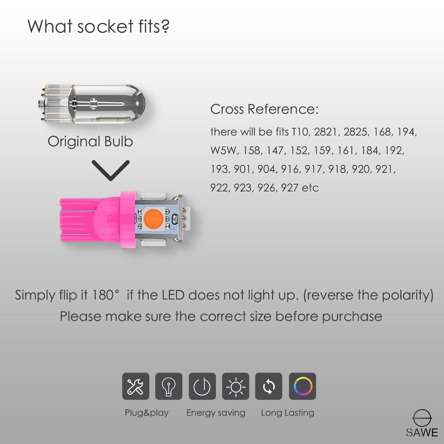 SAWE LED License Plate Dome Map Lights Bulbs, 5-SMD, Pack of 20, Pink/Purple, Model T10006-020
